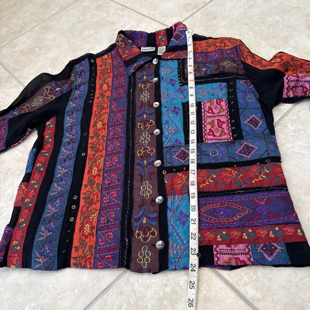 Chicos Patchwork Embroidered Button Front Jacket Multi Color Boho Size 2 - Picture 6 of 10